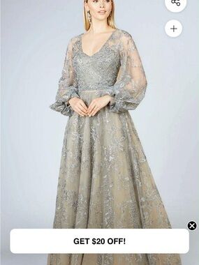LARA Silver-Embellished Long Sleeve Evening Gown
